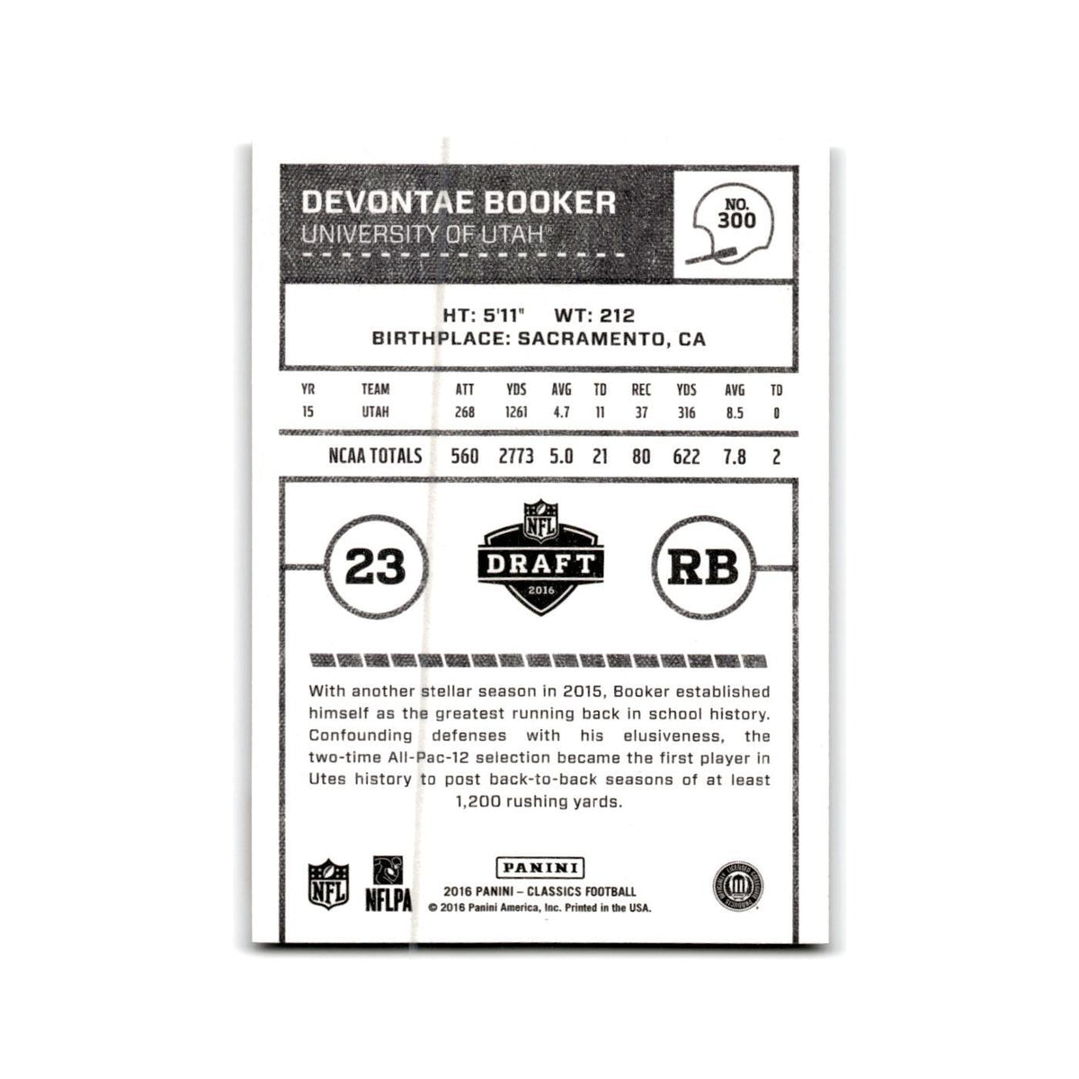 Devontae Booker Rookie 2016 Panini Classics #300 Utah Utes Football Card NM