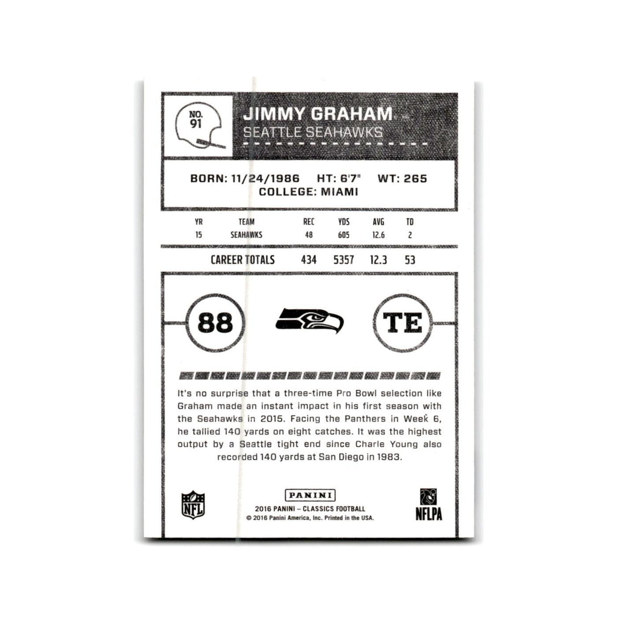 Jimmy Graham 2016 Panini Classics #91 Seattle Seahawks Football Card NM