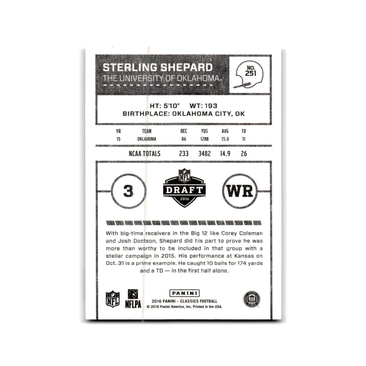 Sterling Shepard Rookie 2016 Panini Classics #251 Oklahoma Sooners NM