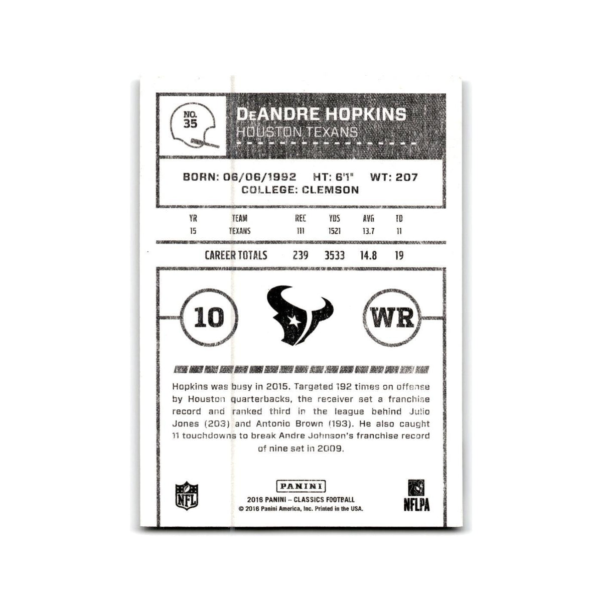 DeAndre Hopkins 2016 Panini Classics #35 Houston Texans Football Card NM