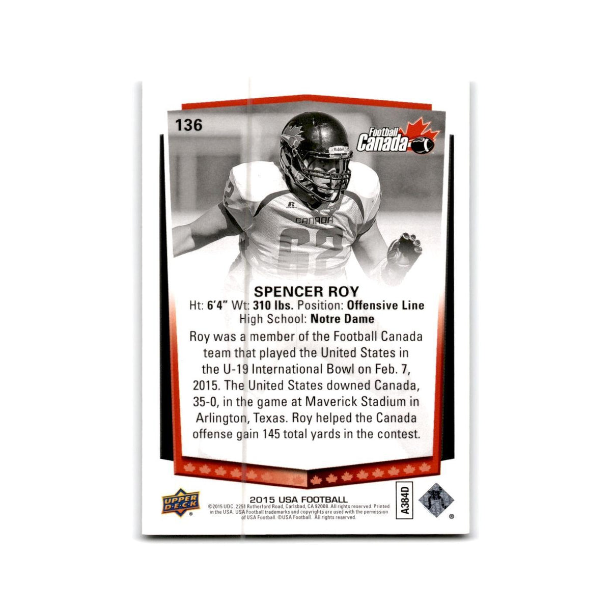 Spencer Roy 2015 Upper Deck USA #136 Canada Football Card NM