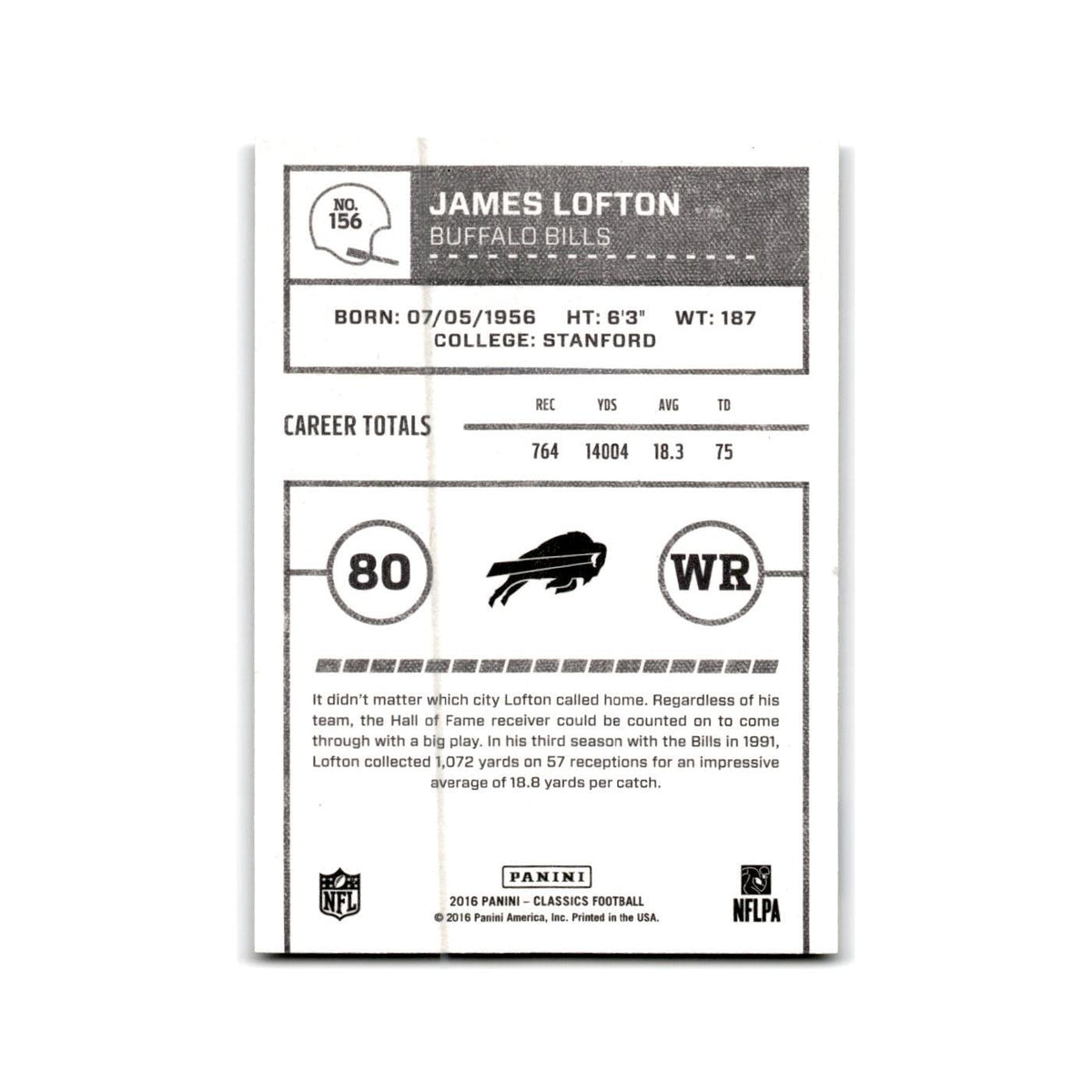 James Lofton 2016 Panini Classics #156 Buffalo Bills Football Card NM