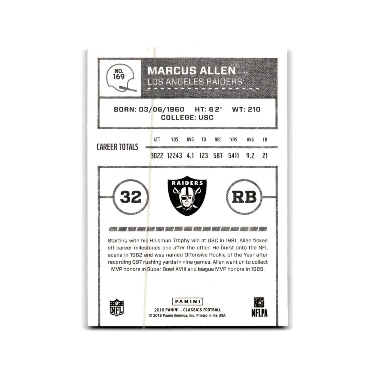 Marcus Allen 2016 Panini Classics #169 Los Angeles Raiders Football Card NM