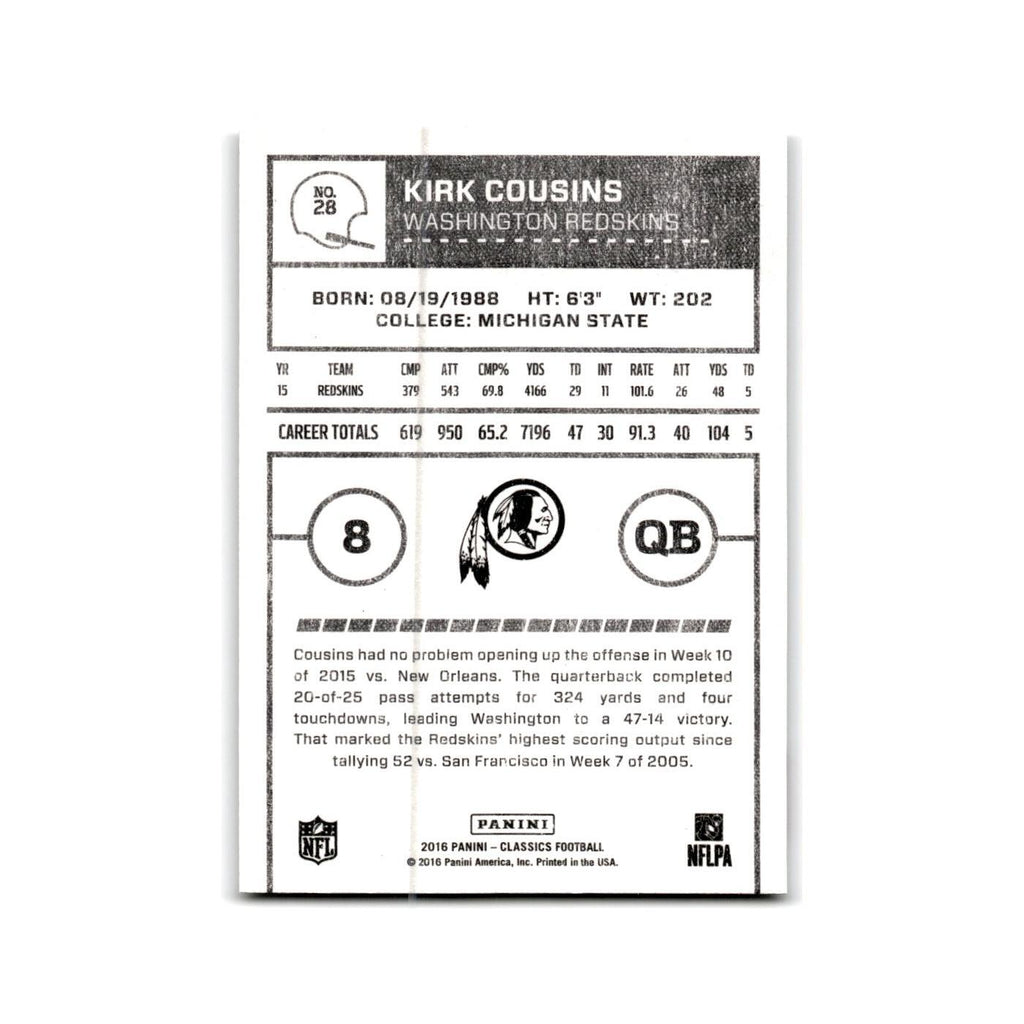 Kirk Cousins 2016 Panini Classics #28 Washington Redskins Football Card NM