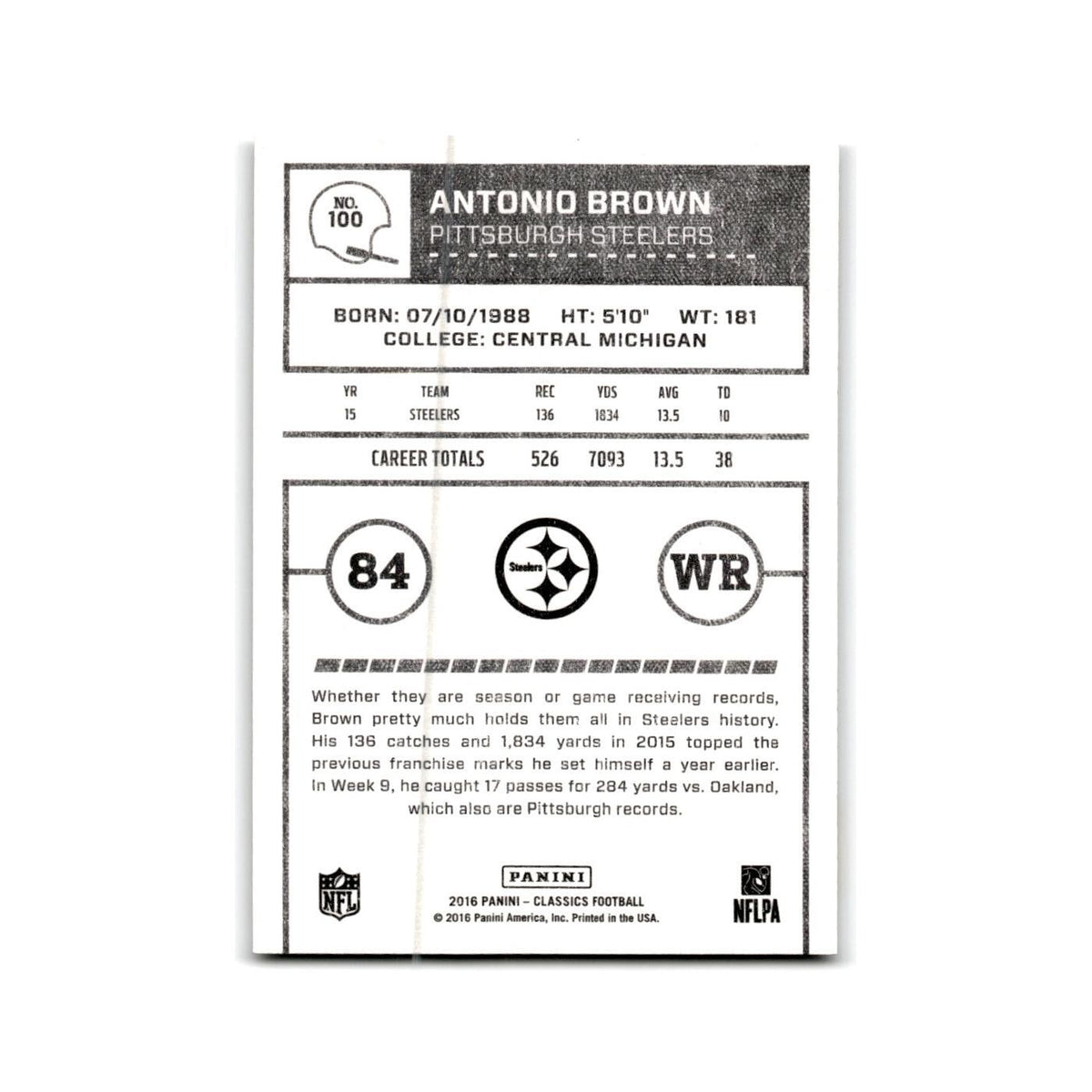 Antonio Brown 2016 Panini Classics #100 Pittsburgh Steelers Football Card NM