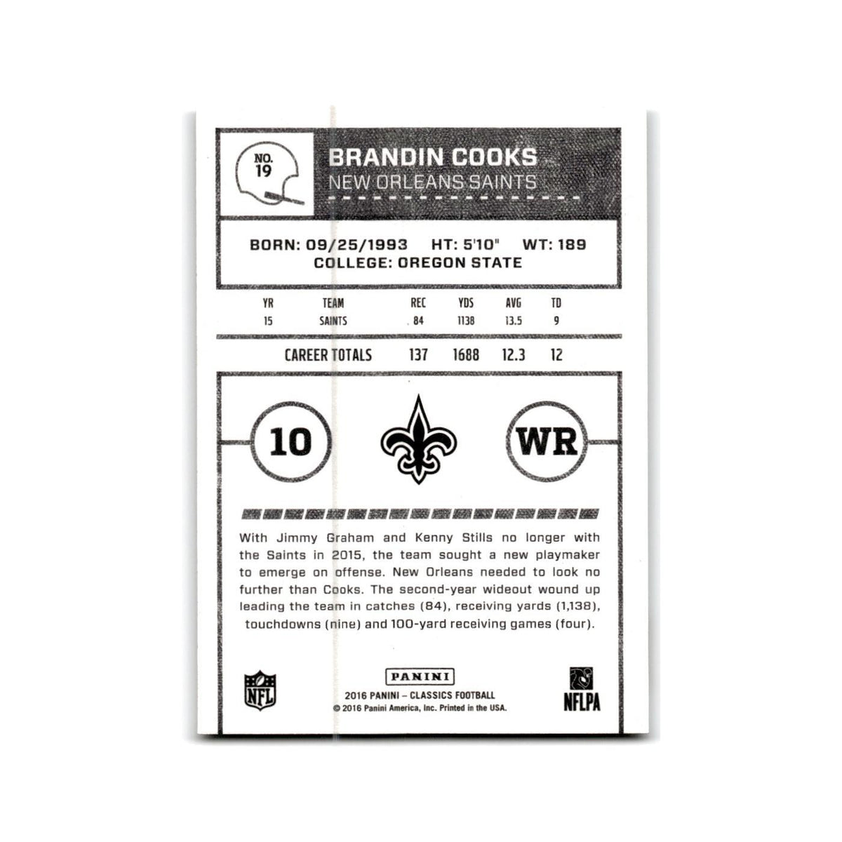 Brandin Cooks 2016 Panini Classics #19 New Orleans Saints Football Card NM