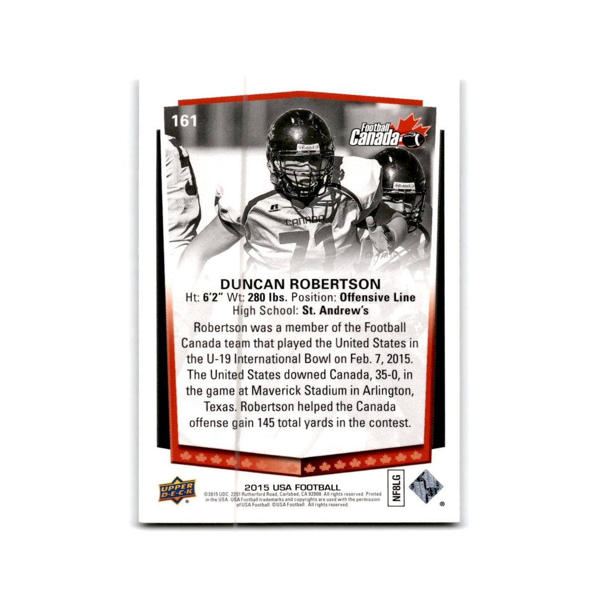 Duncan Robertson 2015 Upper Deck USA #161 Canada Football Card NM