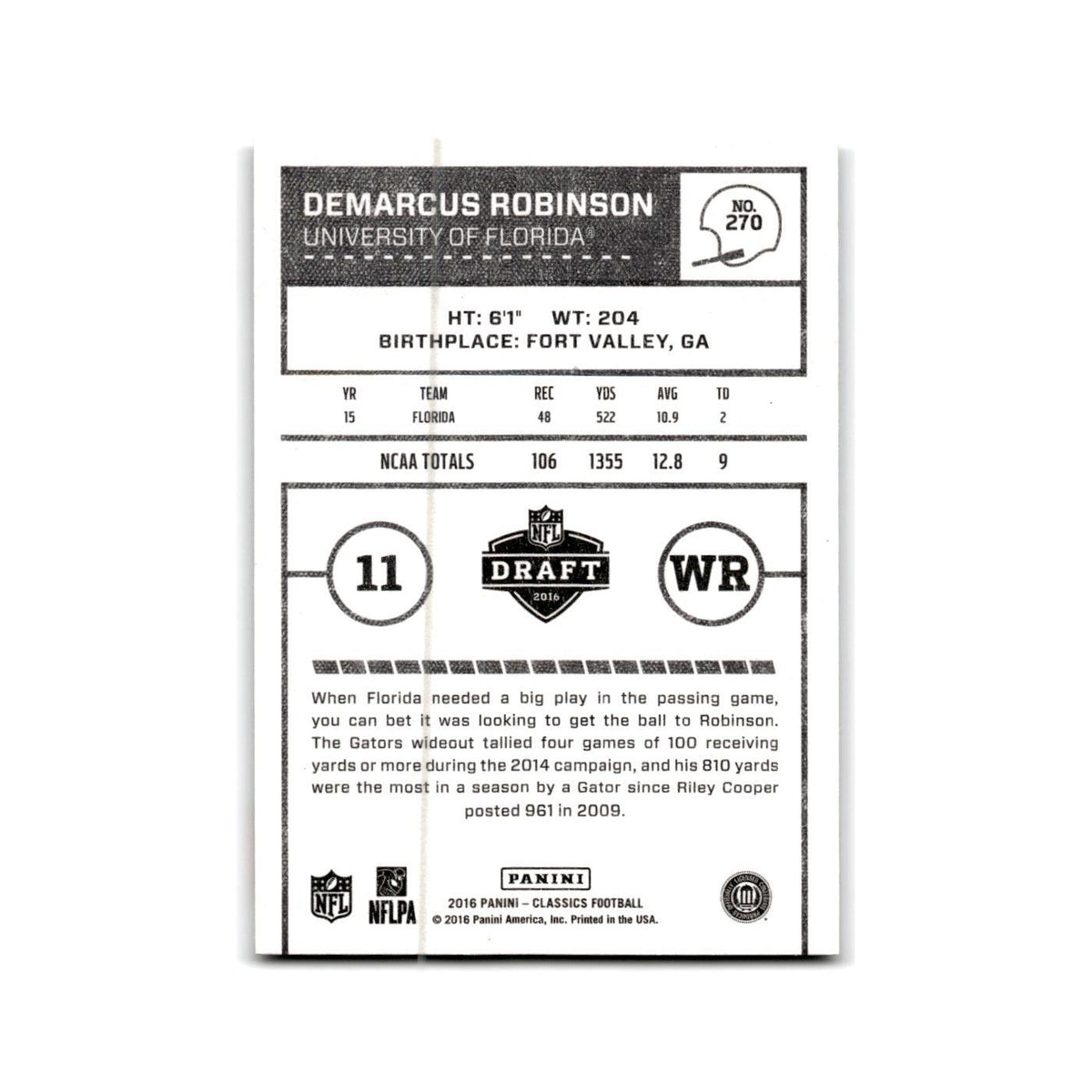 Demarcus Robinson Rookie 2016 Panini Classics #270 Florida Gators NM