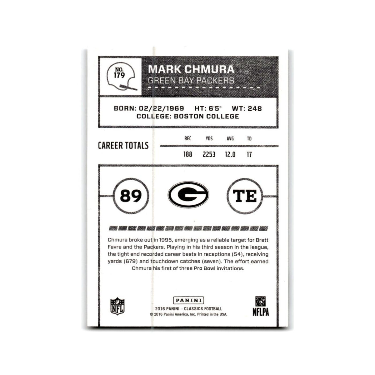 Mark Chmura 2016 Panini Classics #179 Green Bay Packers Football Card NM