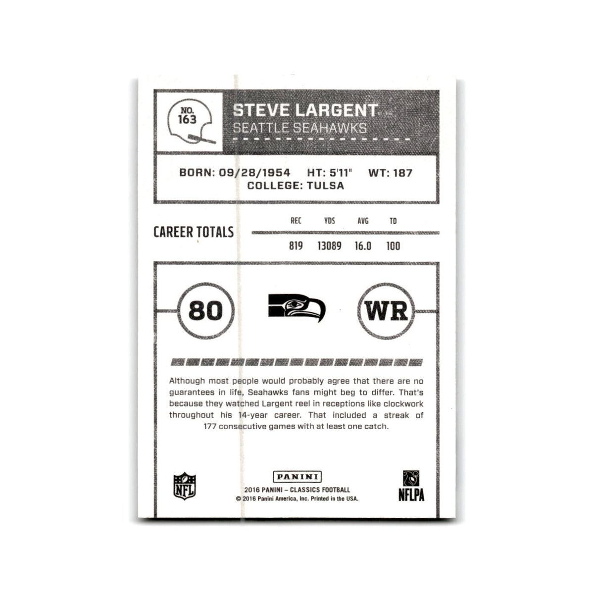 Steve Largent 2016 Panini Classics #163 Seattle Seahawks Football Card NM