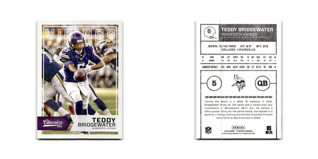 Teddy Bridgewater 2016 Panini Classics #92 Minnesota Vikings Football Card NM