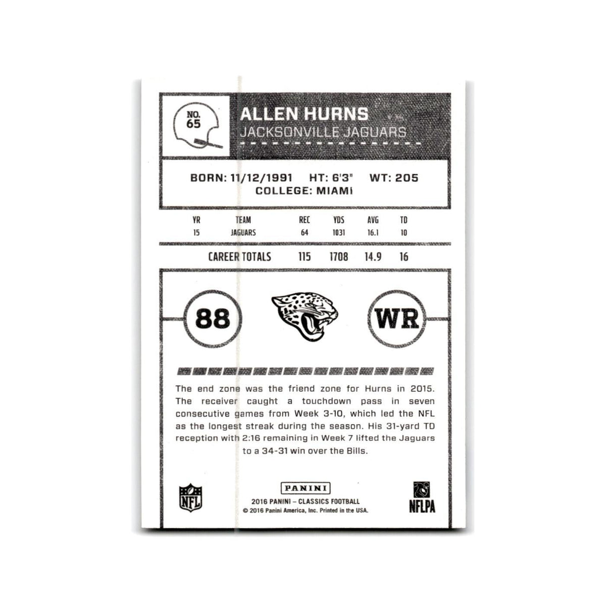 Allen Hurns 2016 Panini Classics #65 Jacksonville Jaguars Football Card NM