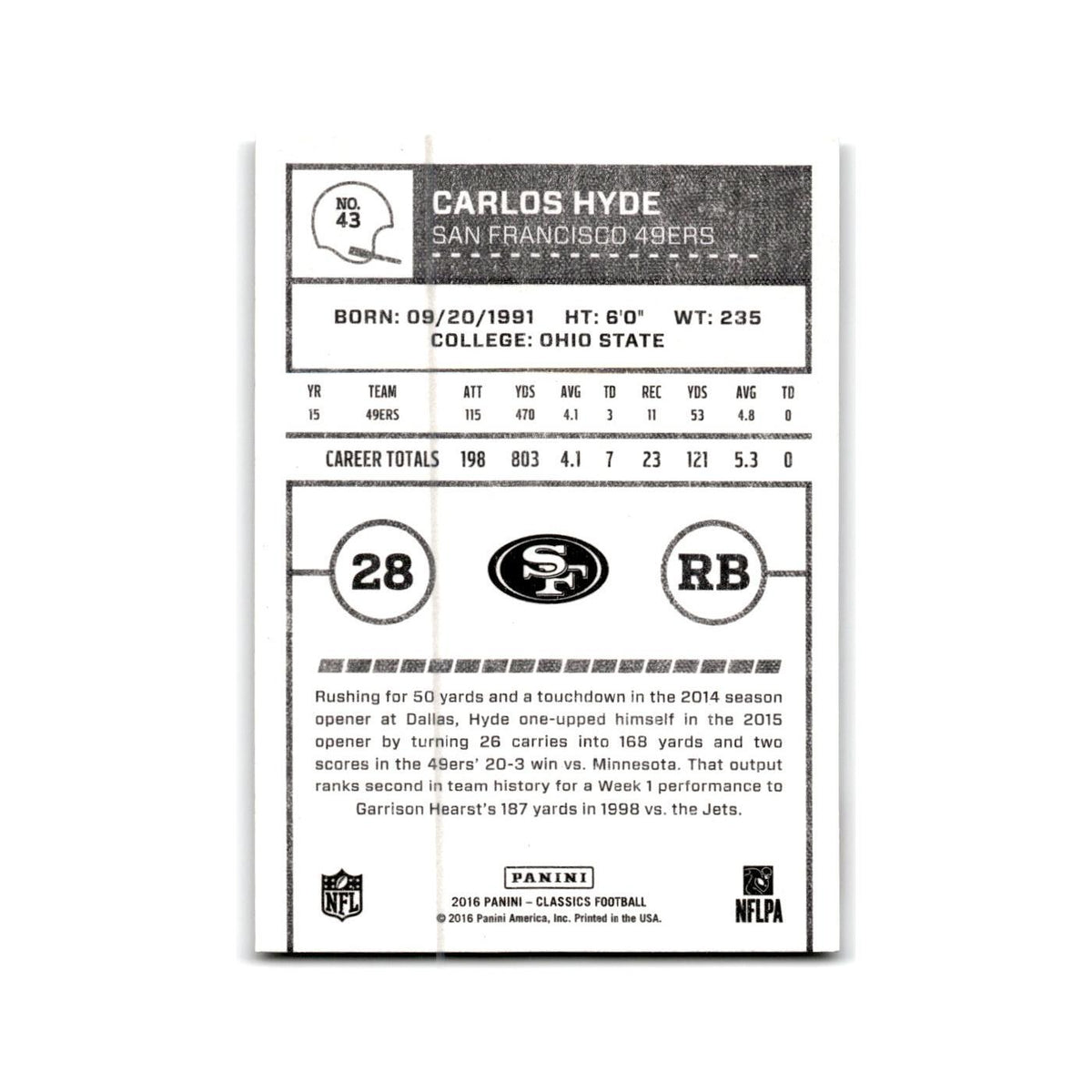 Carlos Hyde 2016 Panini Classics #43 San Francisco 49ers Football Card NM