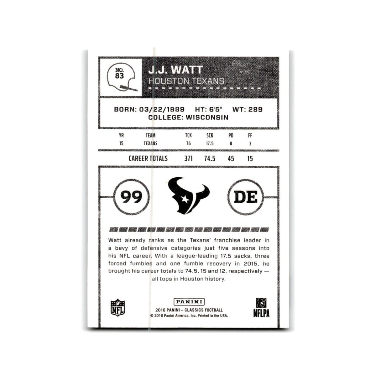 J.J. Watt 2016 Panini Classics #83 Houston Texans Football Card NM