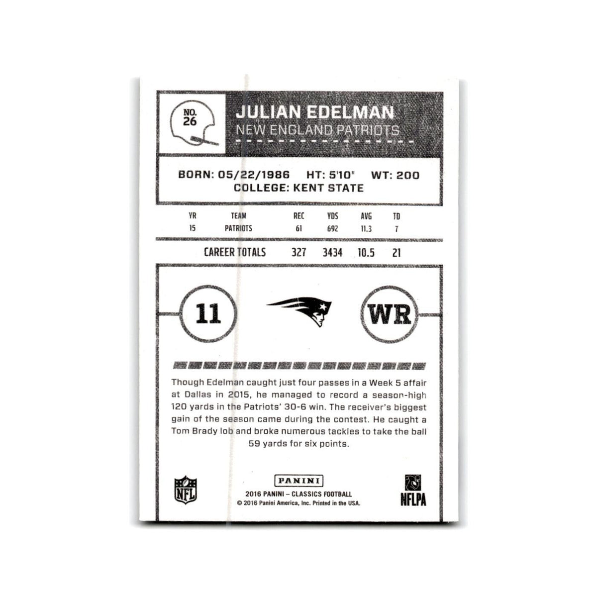 Julian Edelman 2016 Panini Classics #26 New England Patriots Football Card NM