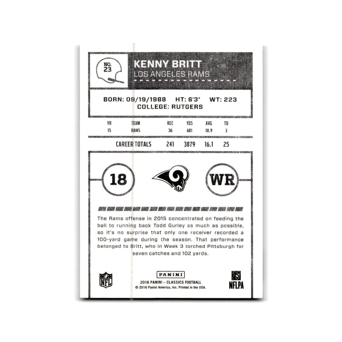 Kenny Britt 2016 Panini Classics #23 Los Angeles Rams Football Card NM