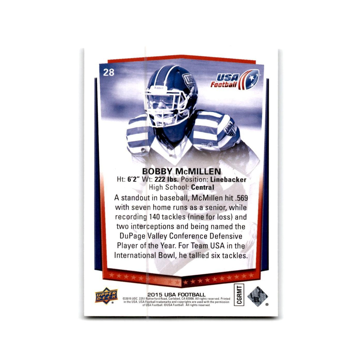 Bobby McMillen 2015 Upper Deck USA #28 USA Football Card NM