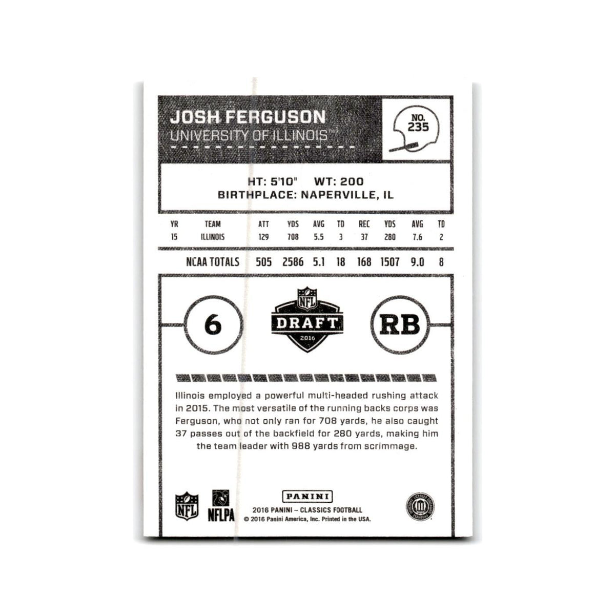 Josh Ferguson Rookie 2016 Panini Classics #235 Illinois Fighting Illini NM