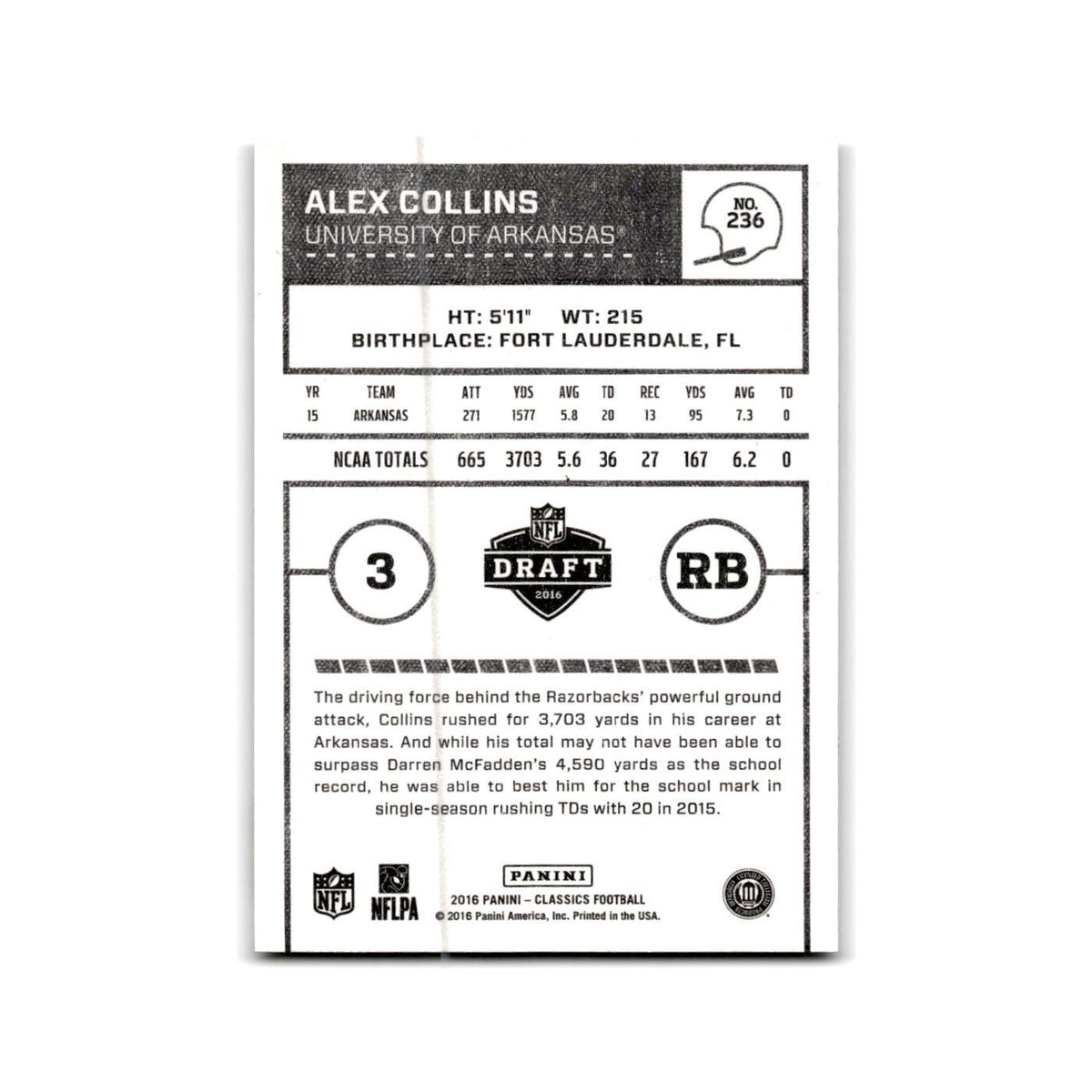 Alex Collins Rookie 2016 Panini Classics #236 Arkansas Razorbacks NM