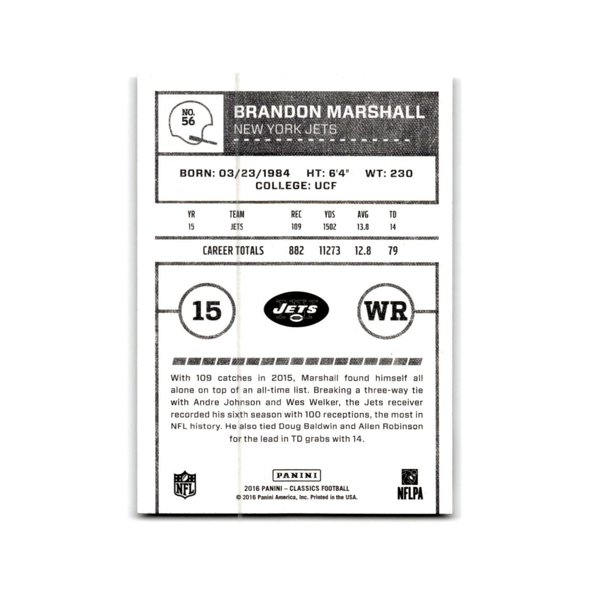 Brandon Marshall 2016 Panini Classics #56 New York Jets Football Card NM