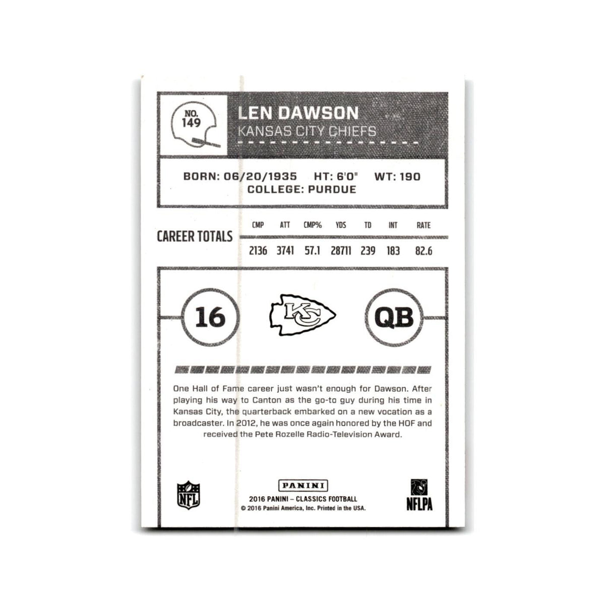 Len Dawson 2016 Panini Classics #149 Kansas City Chiefs Football Card NM