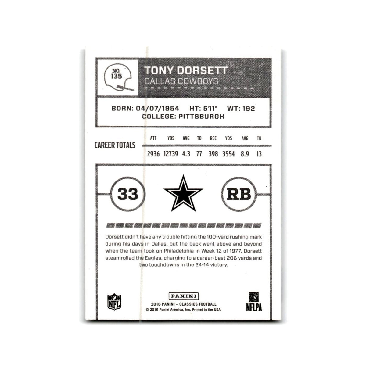 Tony Dorsett 2016 Panini Classics #135 Dallas Cowboys Football Card NM