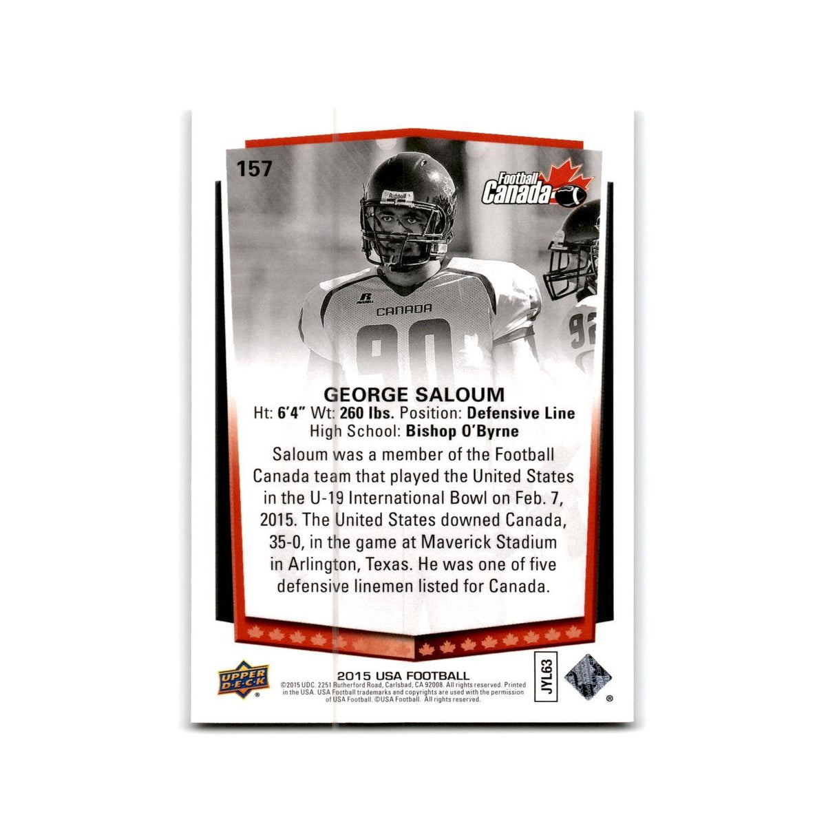 George Saloum 2015 Upper Deck USA #157 Canada Football Card NM