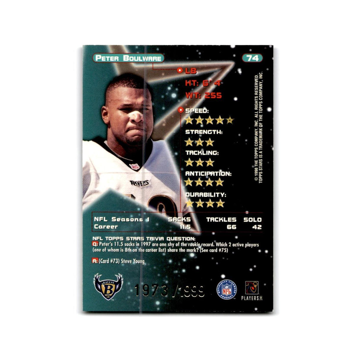 Peter Boulware #/1999 1998 Topps Stars #74 Baltimore Ravens Football Card NM