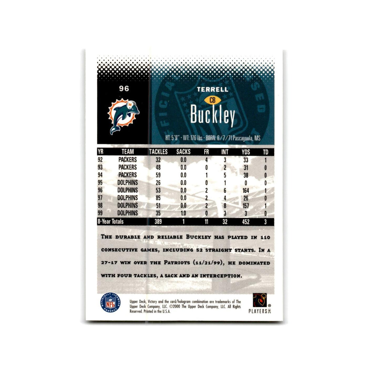 Terrell Buckley 2000 Upper Deck Victory #96 Miami Dolphins Football Card NM