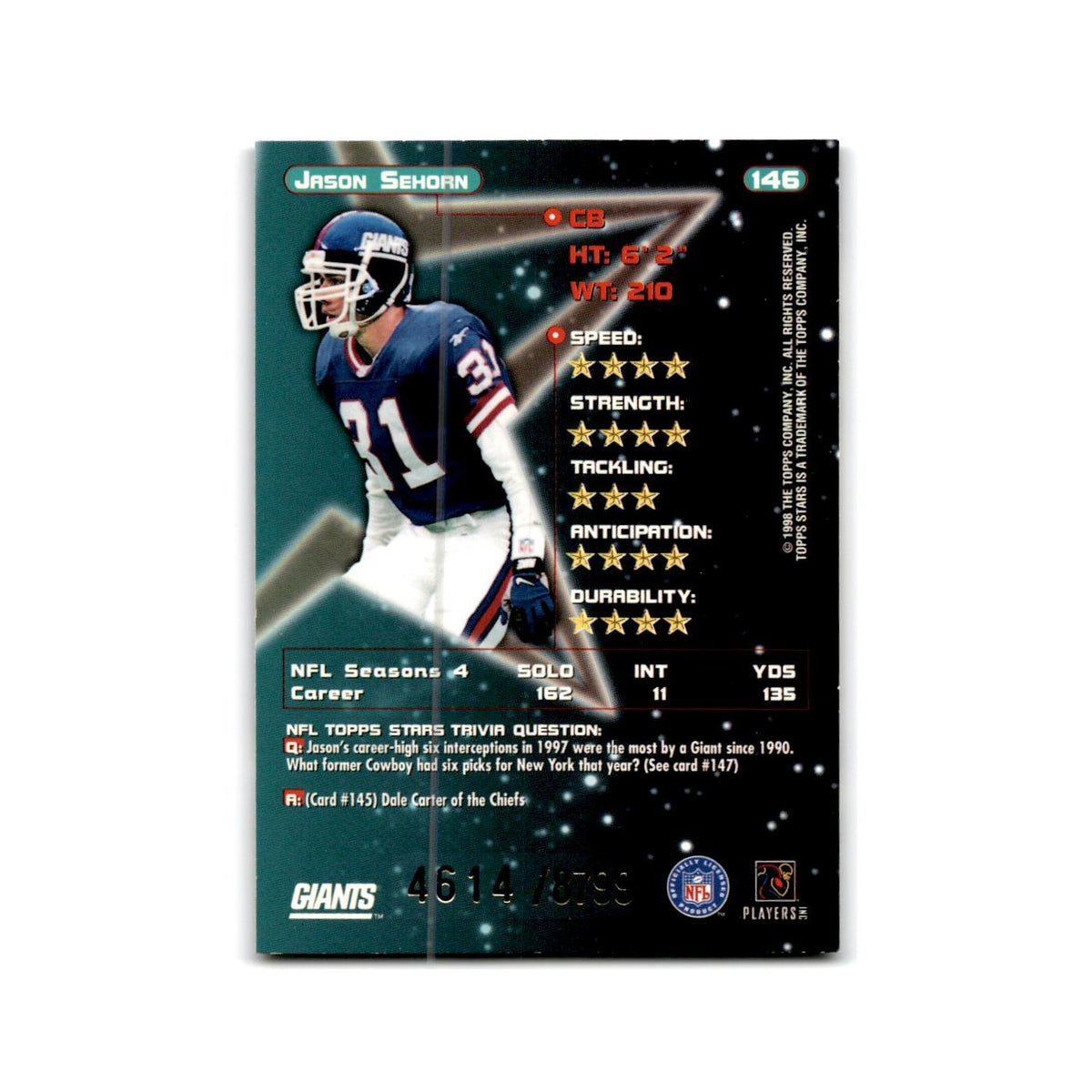 Jason Sehorn #/8799 1998 Topps Stars #146 New York Giants Football Card NM