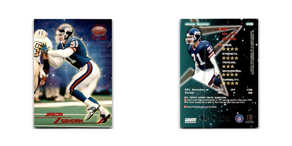 Jason Sehorn #/8799 1998 Topps Stars #146 New York Giants Football Card NM