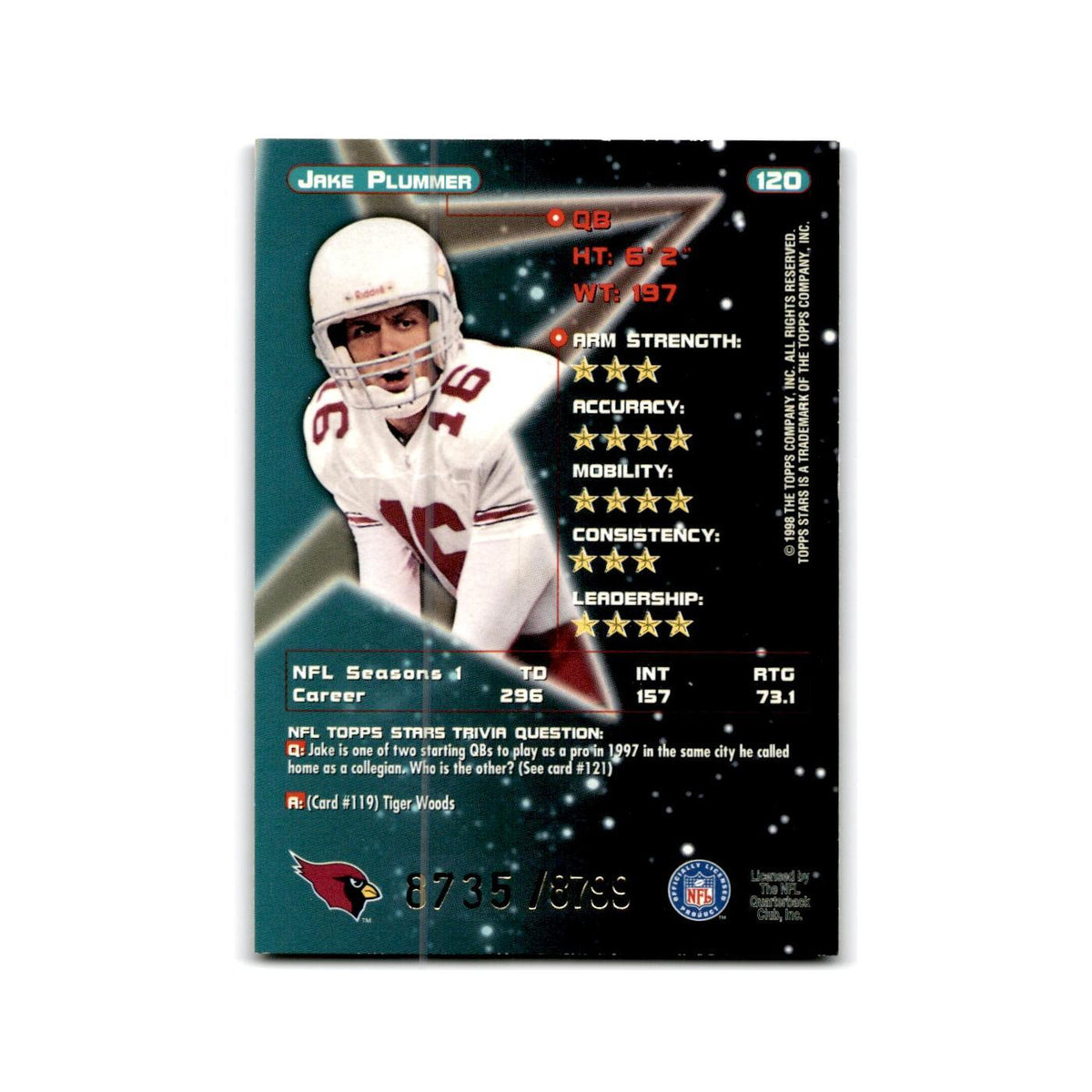 Jake Plummer #/8799 1998 Topps Stars #120 Arizona Cardinals Football Card NM