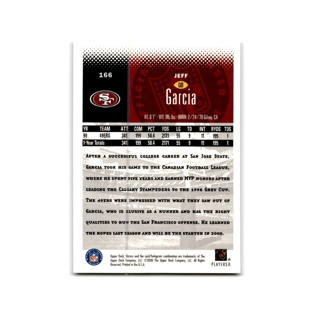 Jeff Garcia 2000 Upper Deck Victory #166 San Francisco 49ers Football Card NM
