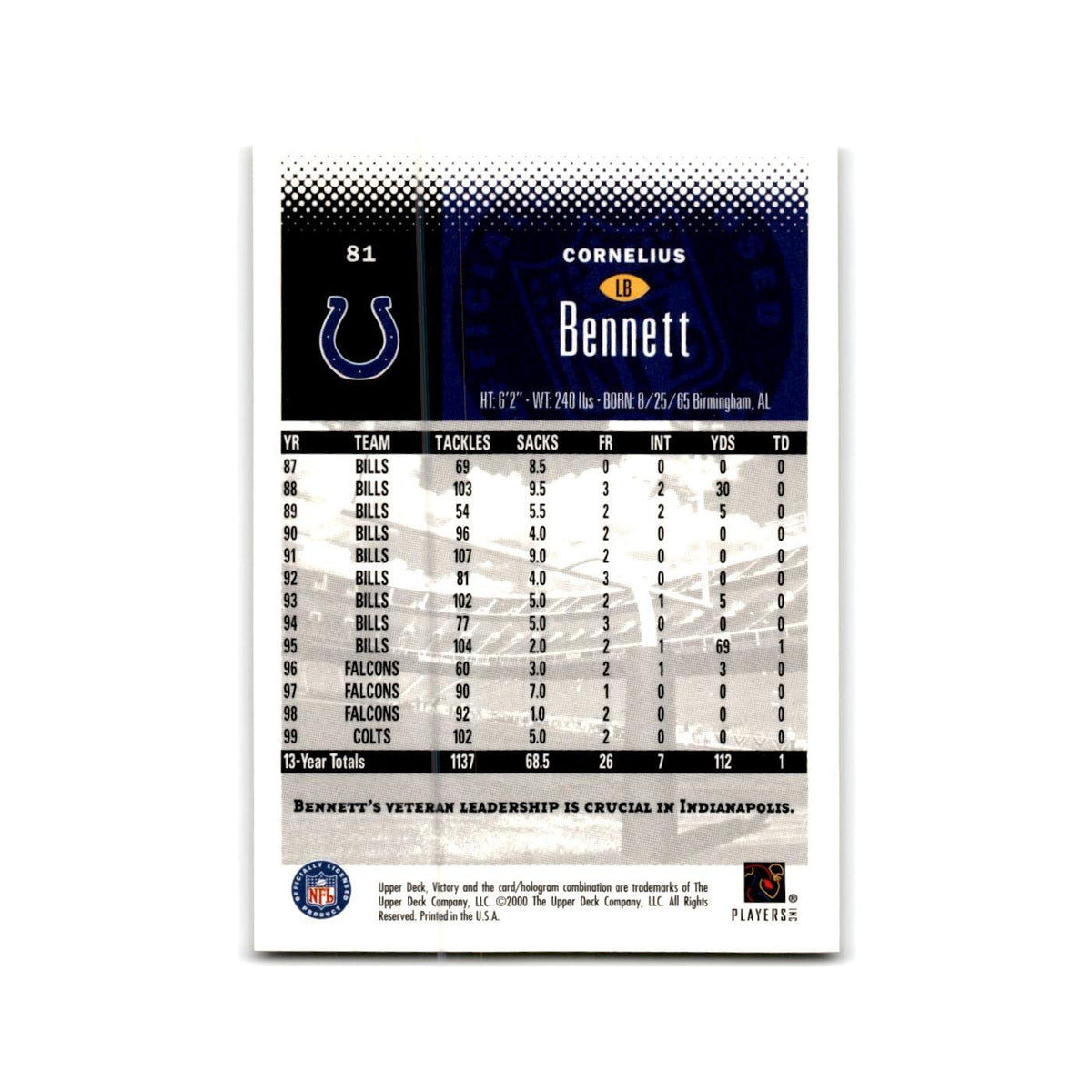 Cornelius Bennett 2000 Upper Deck Victory #81 Indianapolis Colts NM
