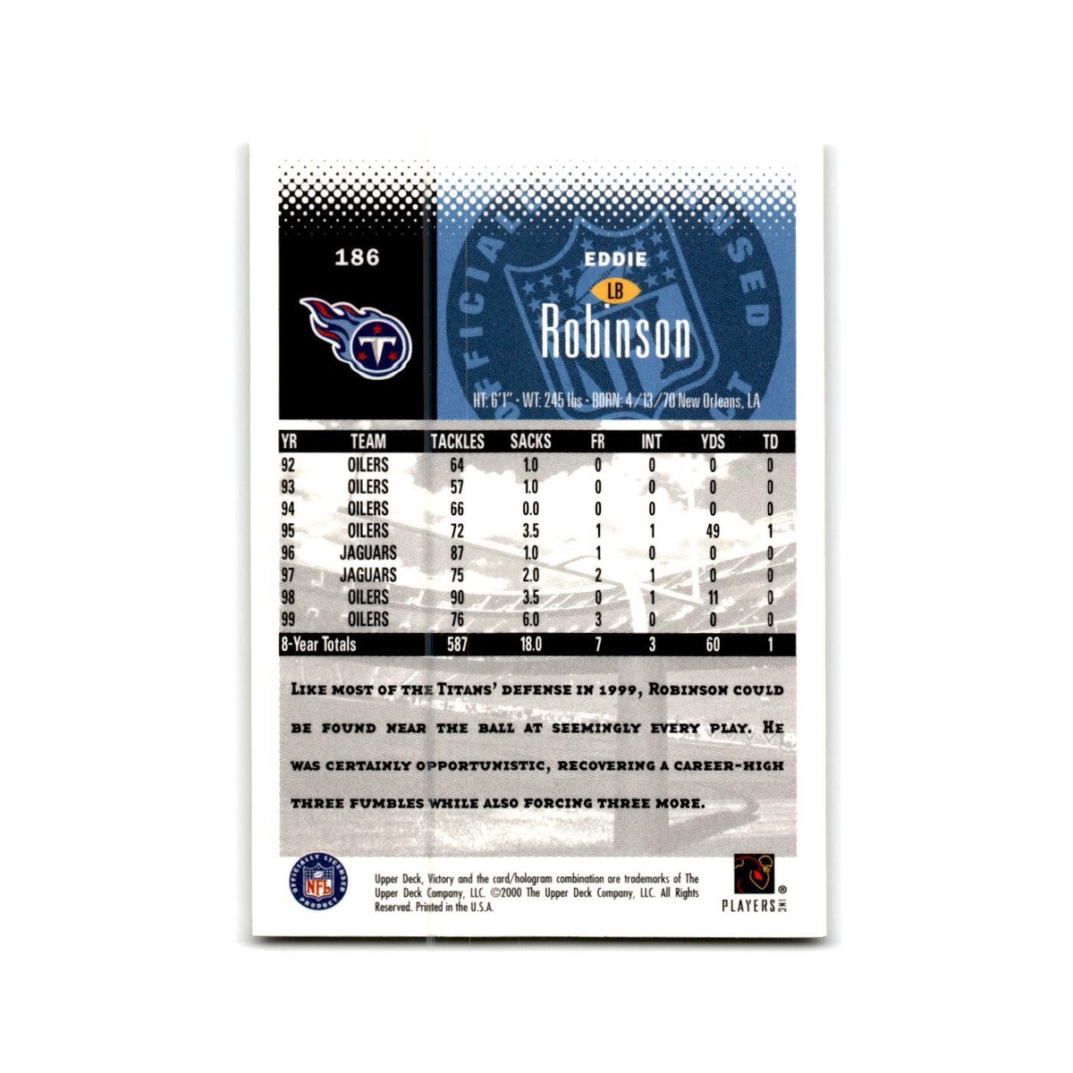 Eddie Robinson 2000 Upper Deck Victory #186 Tennessee Titans Football Card NM