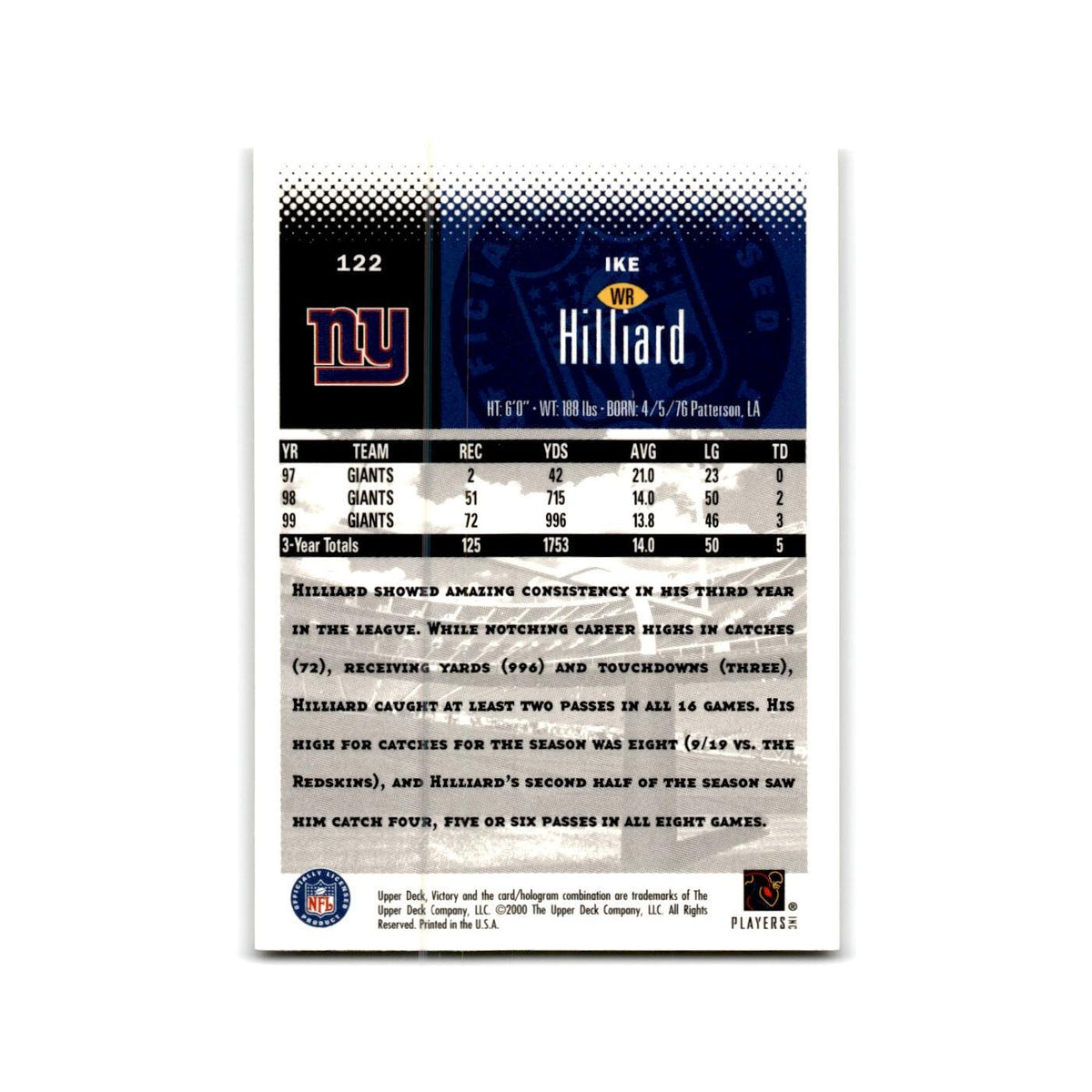 Ike Hilliard 2000 Upper Deck Victory #122 New York Giants Football Card NM
