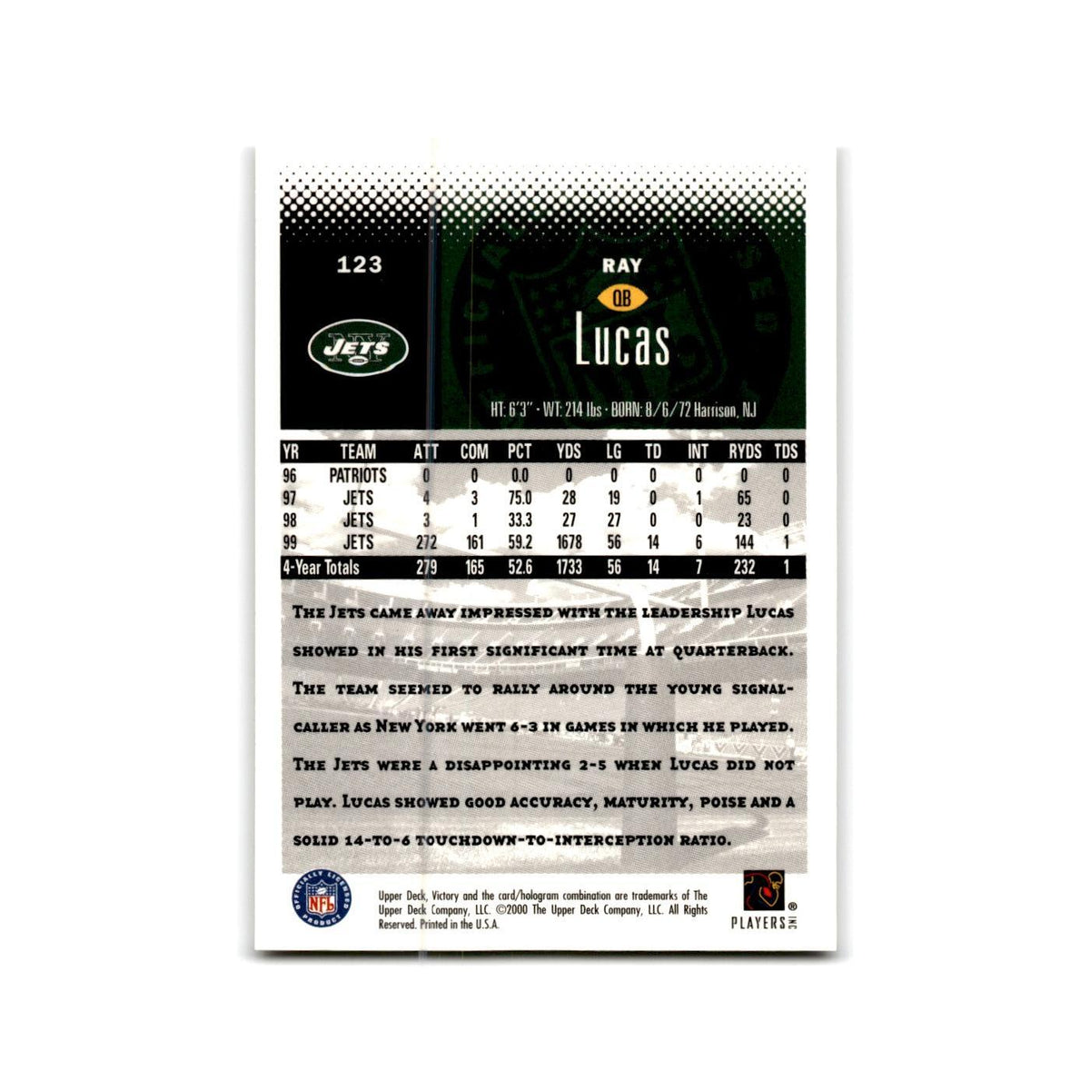 Ray Lucas 2000 Upper Deck Victory #123 New York Jets Football Card NM