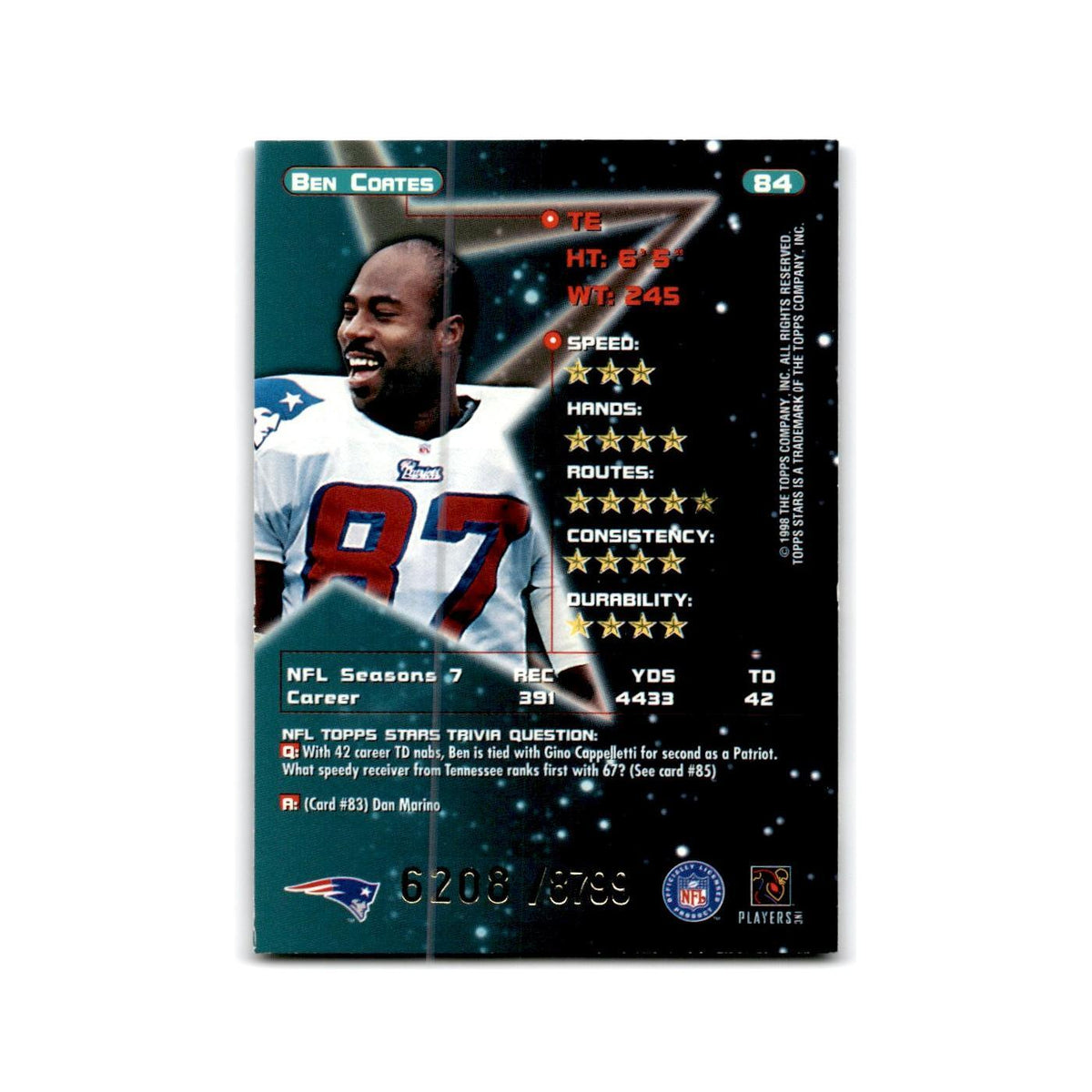 Den Coates #/8799 1998 Topps Stars #84 New England Patriots Football Card NM