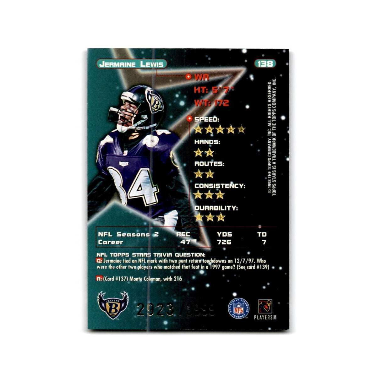 Jermaine Lewis #/8799 1998 Topps Stars #138 Baltimore Ravens Football Card NM
