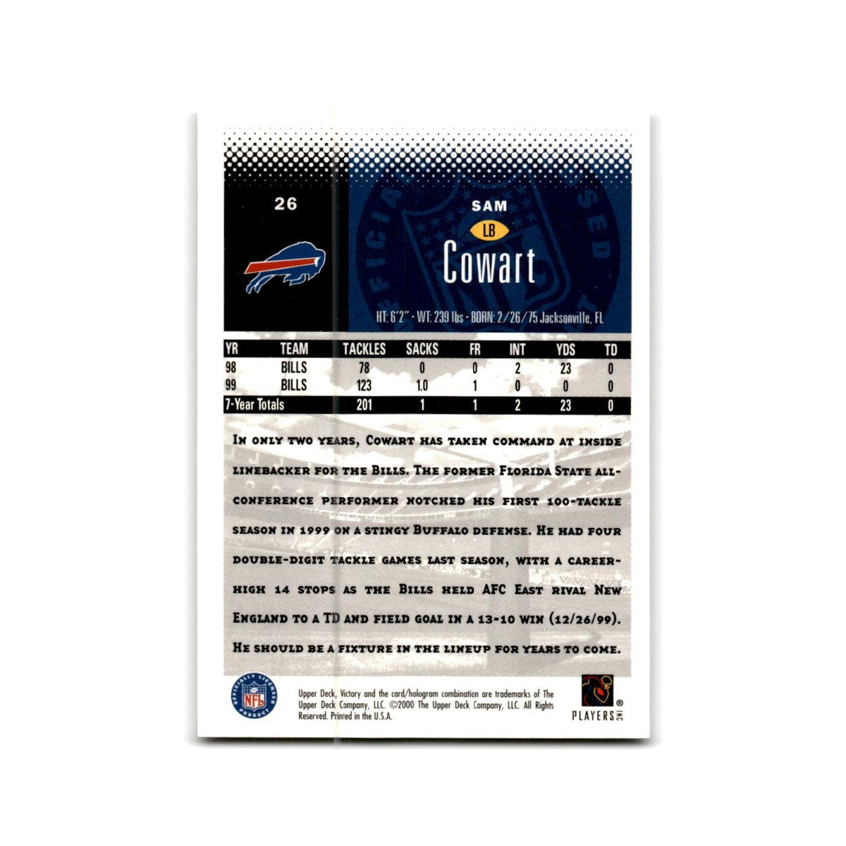 Sam Cowart 2000 Upper Deck Victory #26 Buffalo Bills Football Card NM