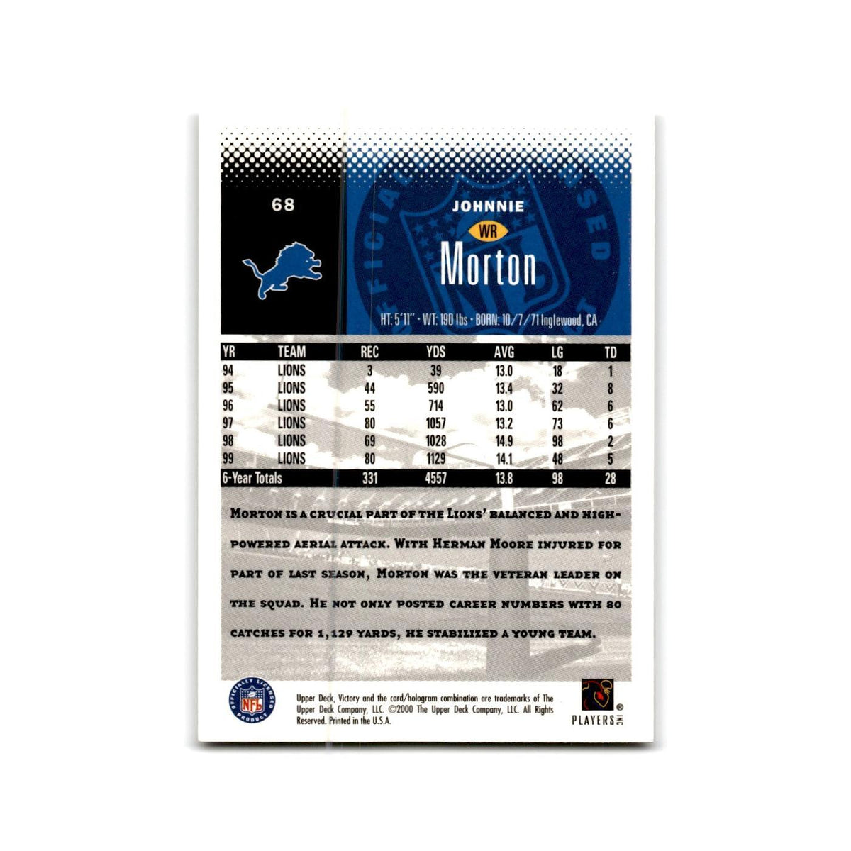 Johnnie Morton 2000 Upper Deck Victory #68 Detroit Lions Football Card NM