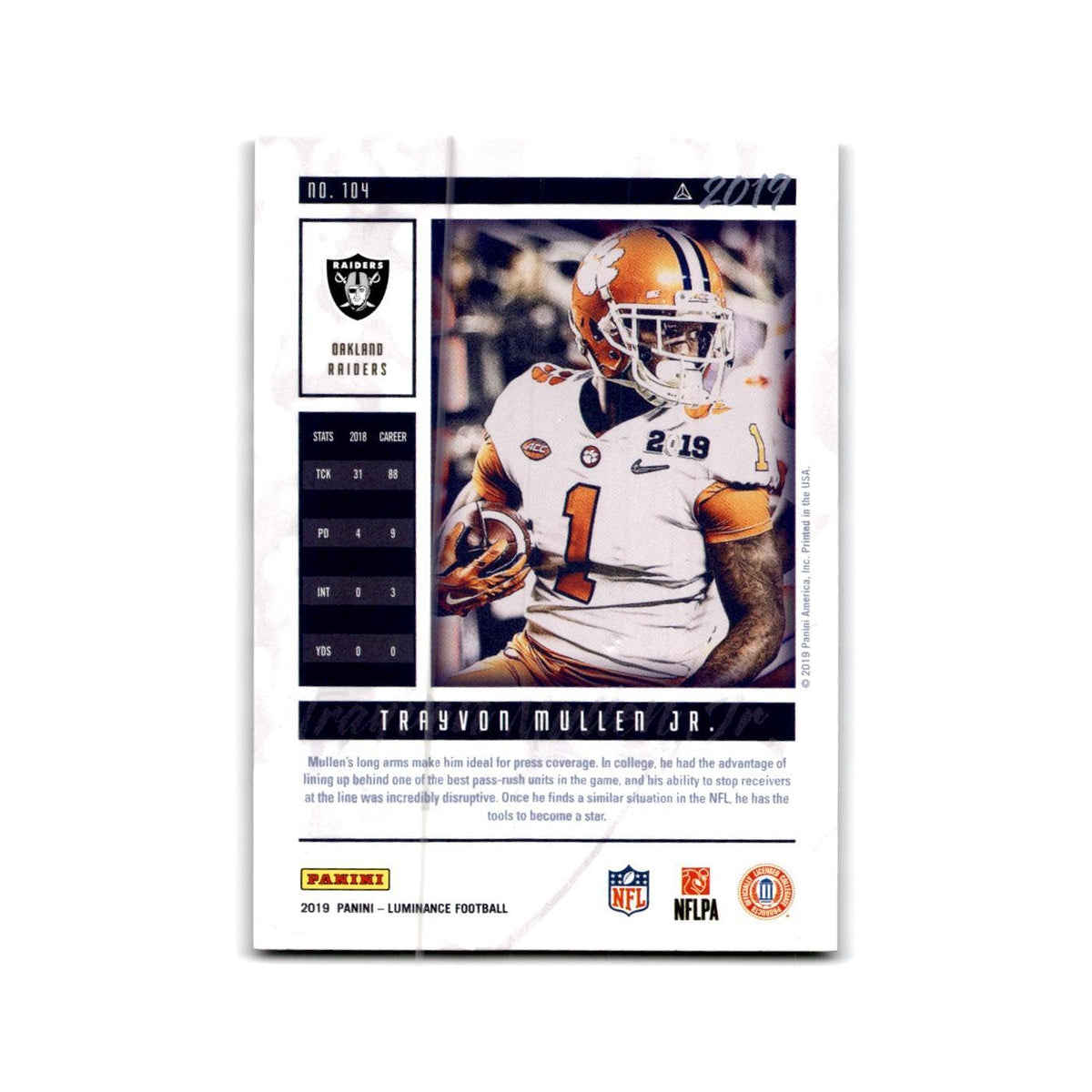 Trayvon Mullen Jr. Rookie 2019 Panini Luminance #104 Oakland Raiders NM