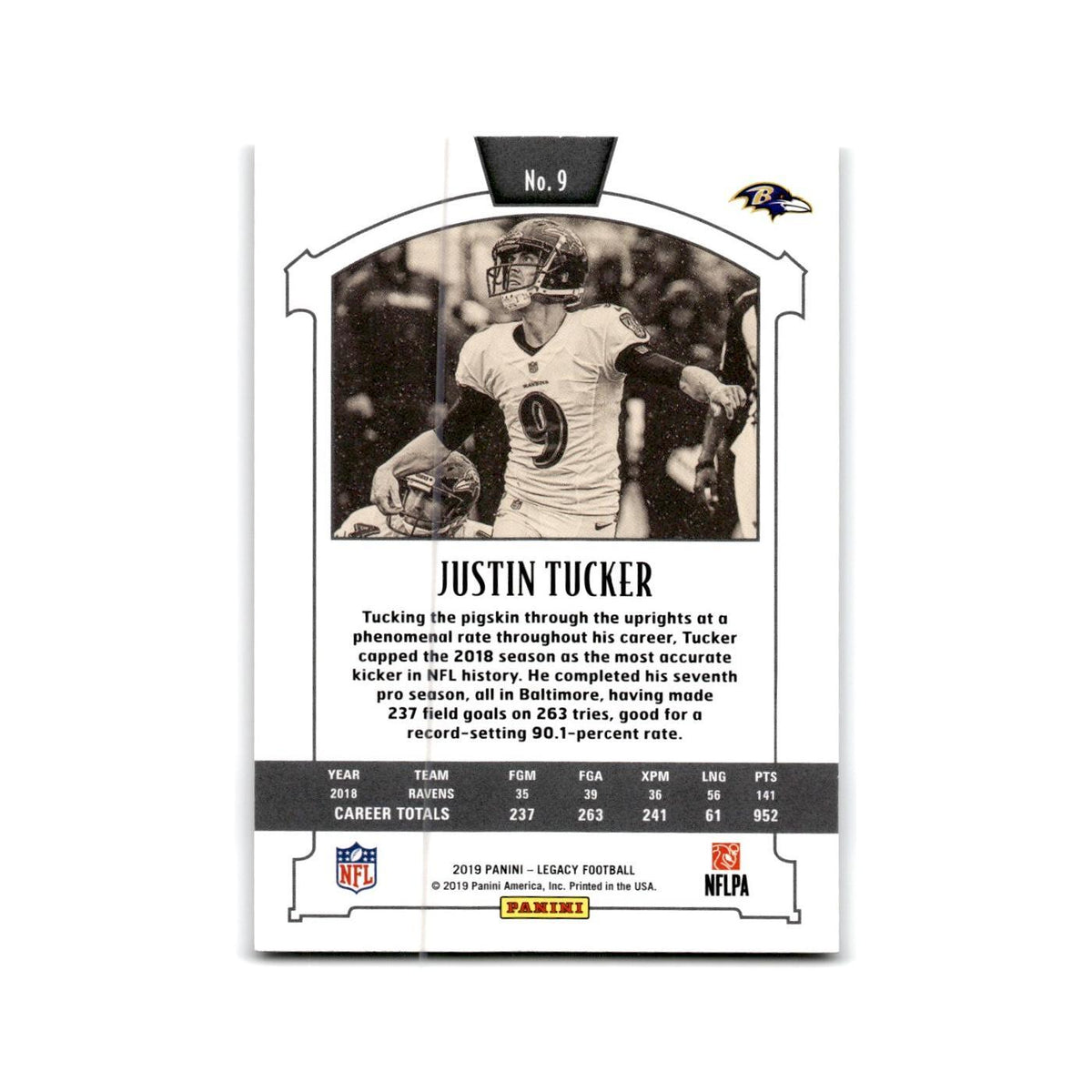 Justin Tucker 2019 Panini Legacy #9 Baltimore Ravens Football Card NM