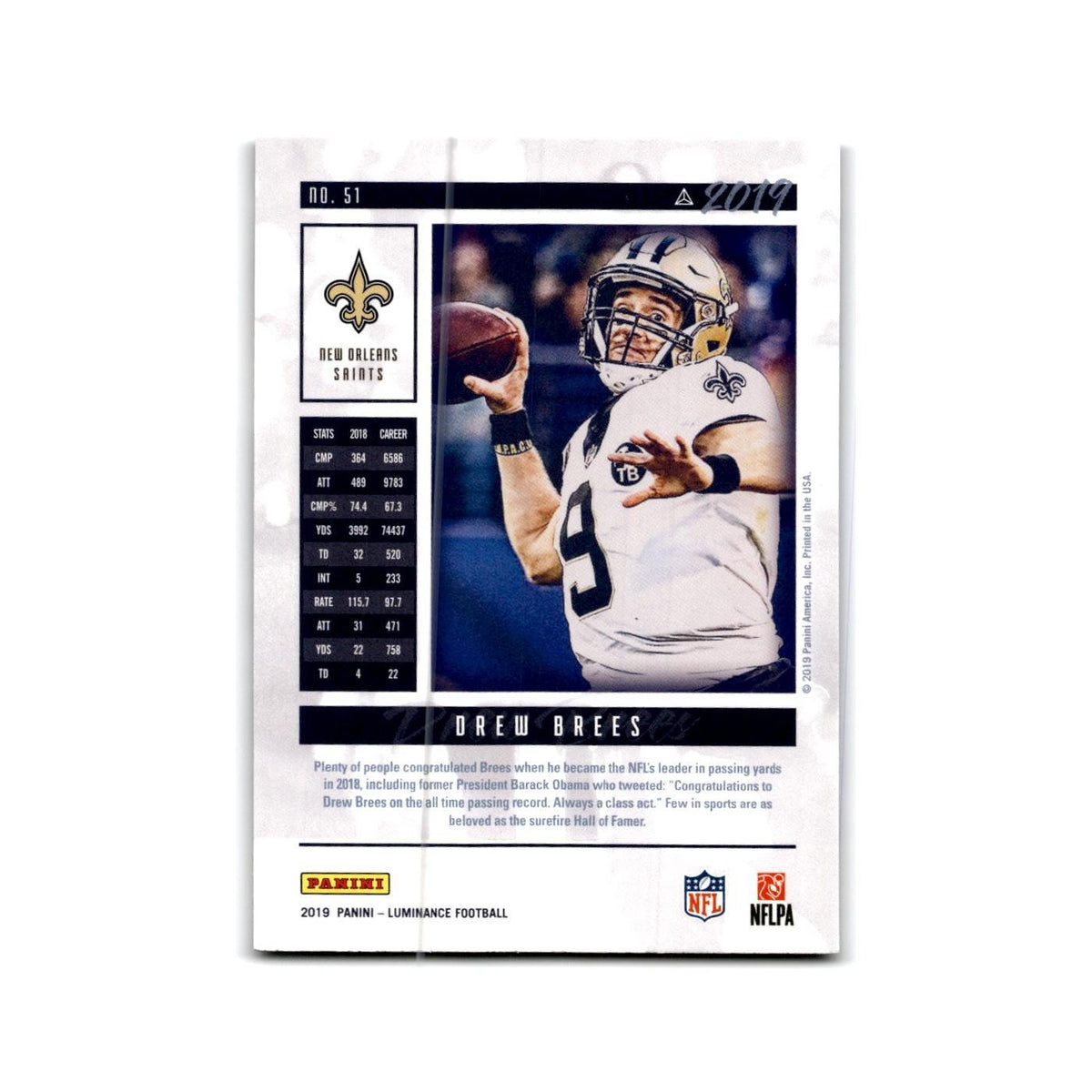 Drew Brees 2019 Panini Luminance #51 New Orleans Saints Football Card NM