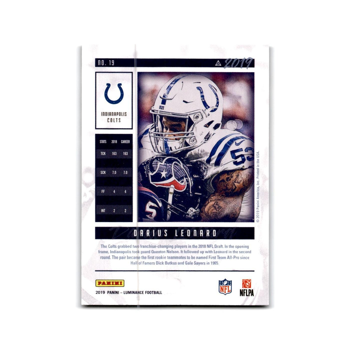 Darius Leonard 2019 Panini Luminance #19 Indianapolis Colts Football Card NM