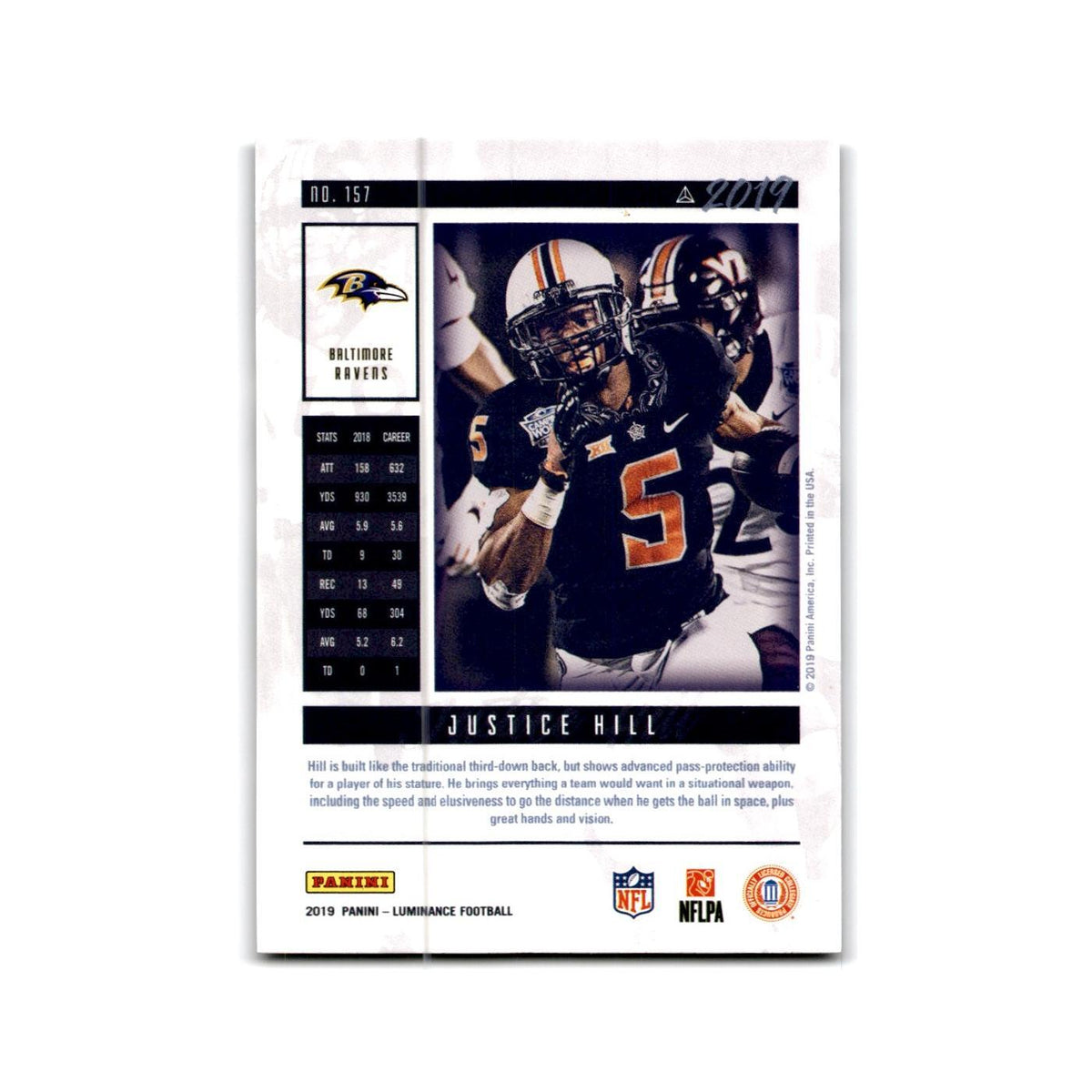 Justice Hill Rookie 2019 Panini Luminance #157 Baltimore Ravens Football Card NM
