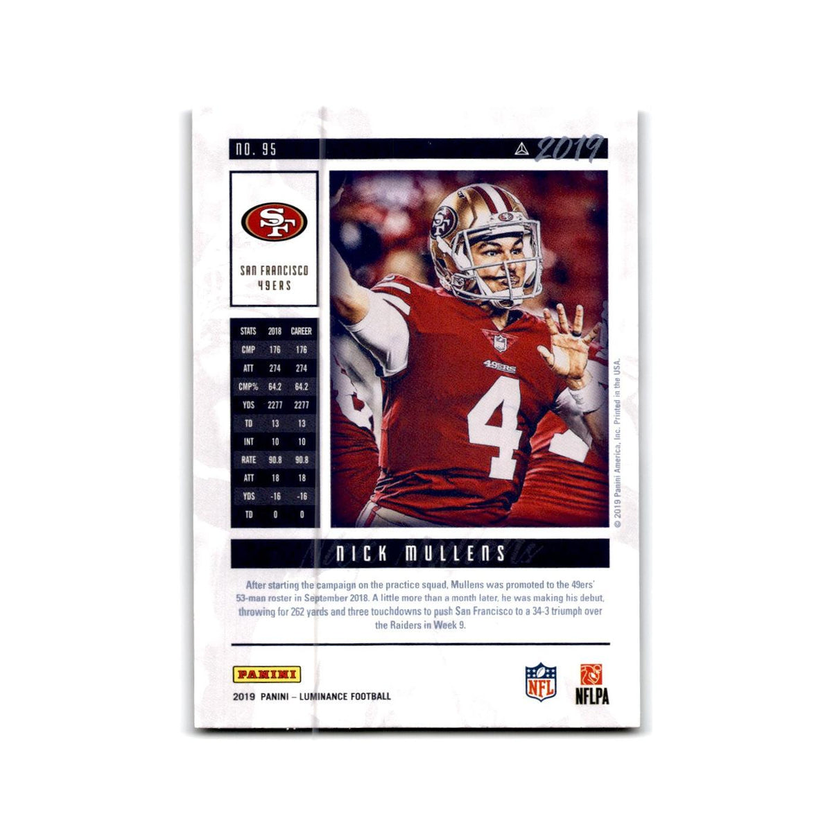 Nick Mullens 2019 Panini Luminance #95 San Francisco 49ers Football Card NM