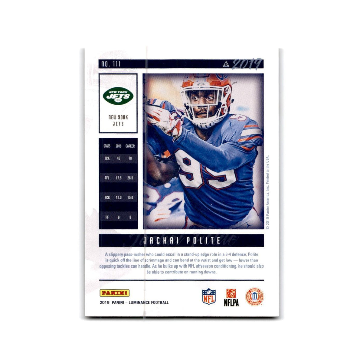 Jachai Polite Rookie 2019 Panini Luminance #111 New York Jets Football Card NM