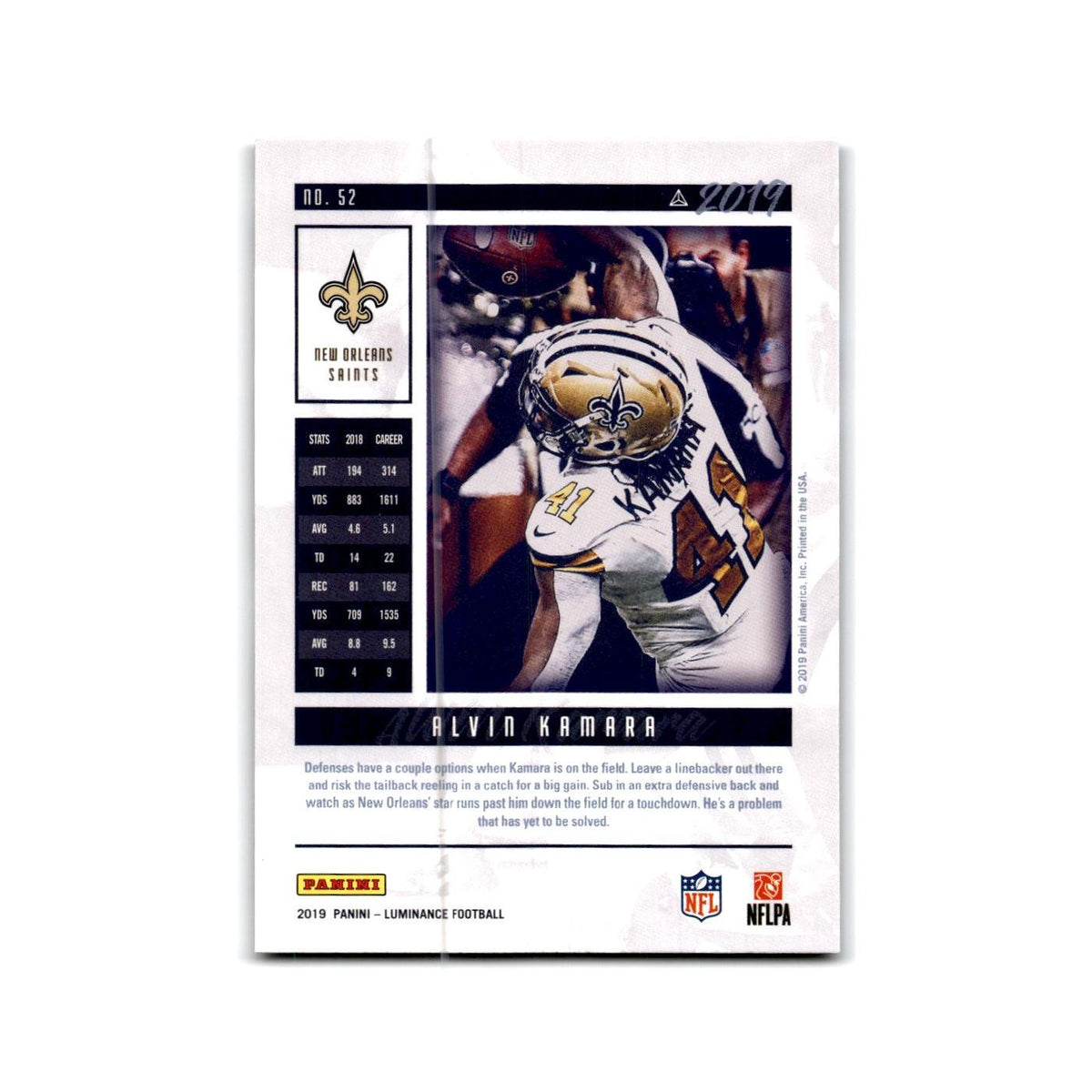 Alvin Kamara 2019 Panini Luminance #52 New Orleans Saints Football Card NM