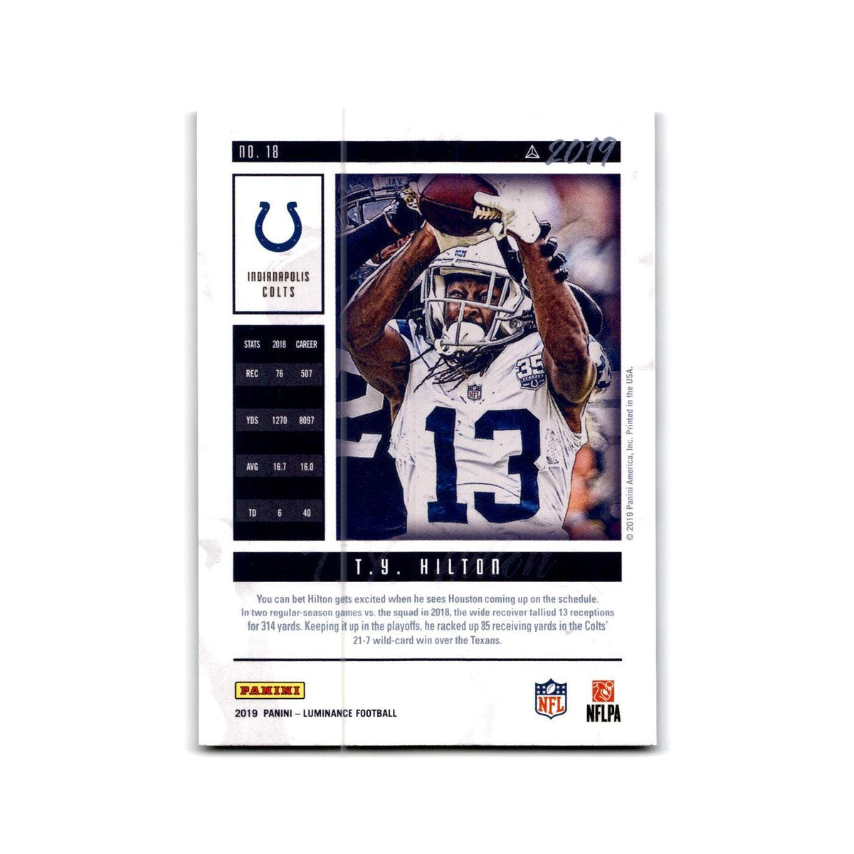 T.Y. Hilton 2019 Panini Luminance #18 Indianapolis Colts Football Card NM